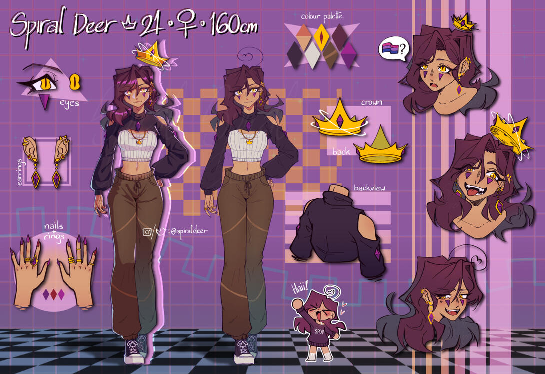 Spiral Deer's Ref Sheet 2 Front Fullbodies (1 Shaded, 1 Flat), 3 Flat Headshots, 4 Callouts, Vaporwave BG & a cute spoops!